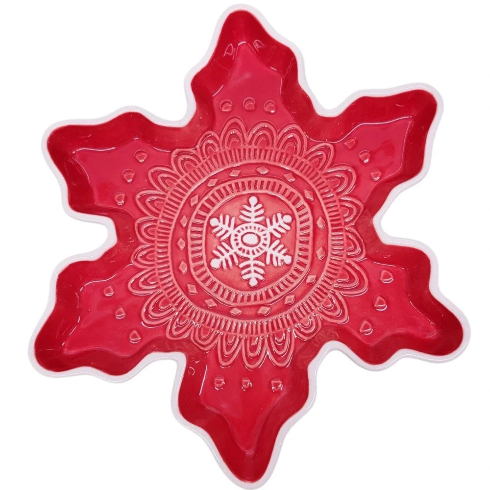 Hallmark Red Snowflake Shaped Dish Serving Bowl Christmas Holiday 9‎ in HGE356